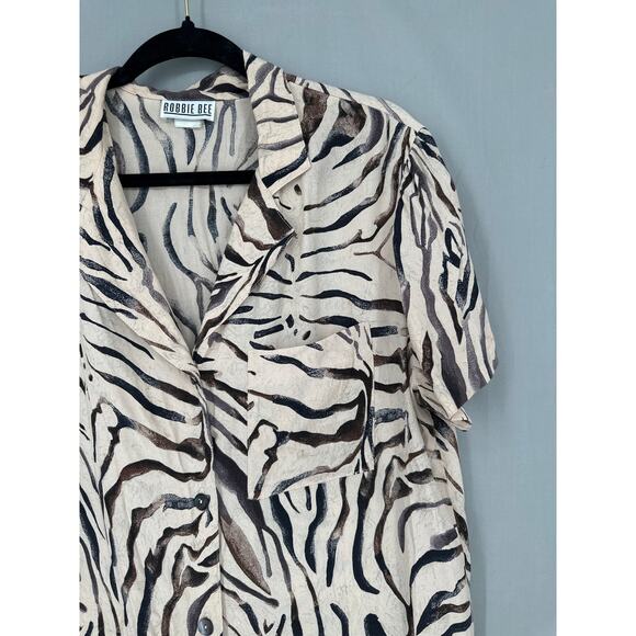 90s Vintage Top Womens Medium Beige Animal Print Zebra Button Tunic Brown - Picture 4 of 8